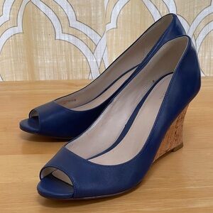 Cole Haan Twilight Blue Lena Cork Wedge Heels Shoes Sz 6.5 Peep Toe Leather